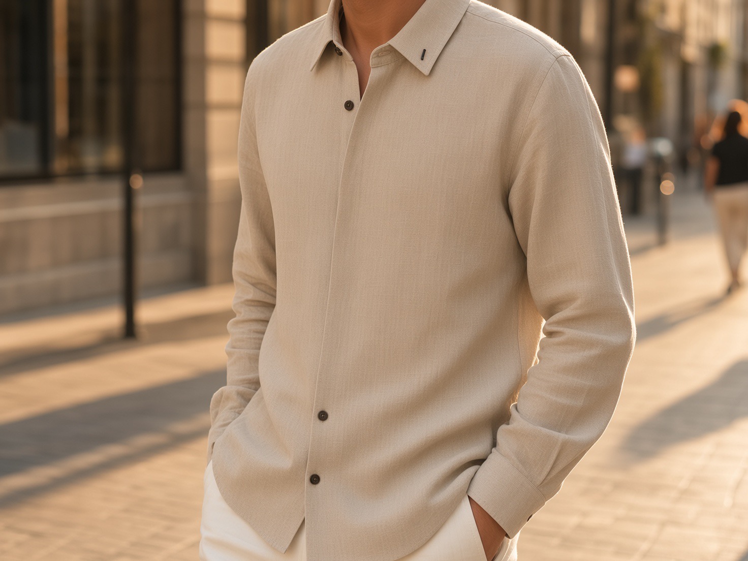 On-model shot: the linen shirt worn on a sunlit street