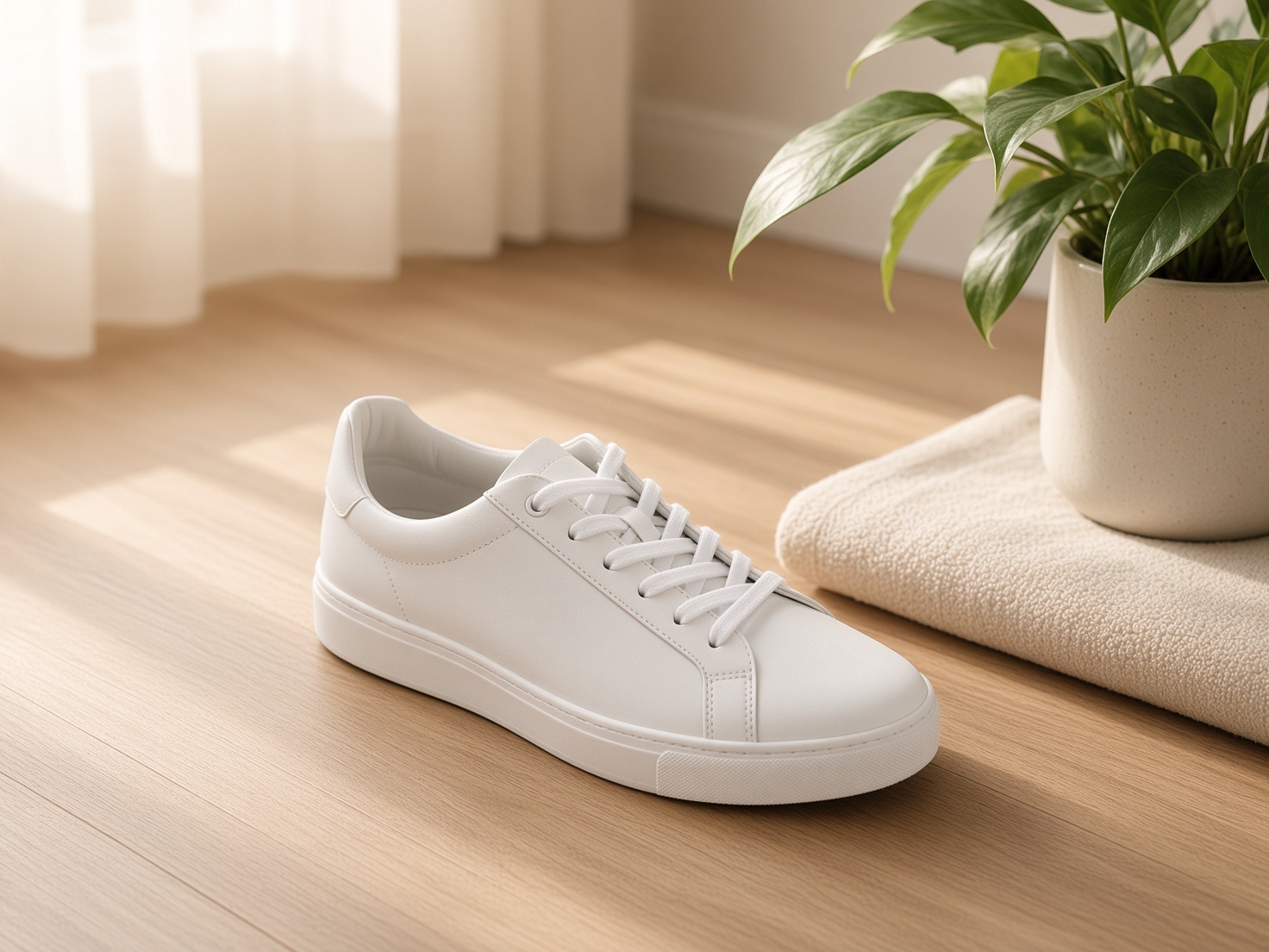 Lifestyle scene: the sneaker on sunlit oak flooring